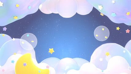 3d rendered yellow crescent moon, stars, and pastel clouds night. Good night and sleep tight lullaby theme.