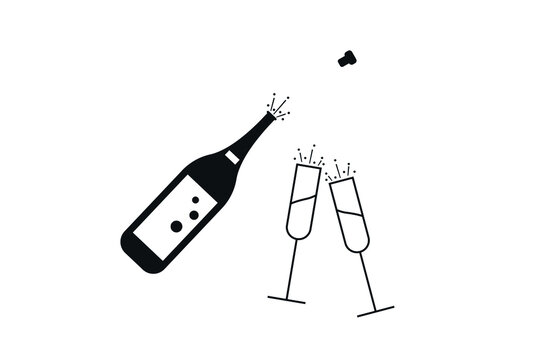 Champagne icons. Cheering opening popping bottles and glasses of champagne, cheers and cheerful signs silhouettes vector illustration. Christmas, new year 2022, EPS 10