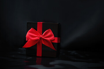 Black friday background. Big black box with red ribbon and bow