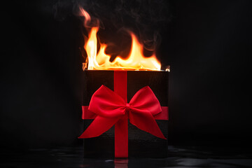 Black friday background. Hot fire big black gift with red ribbon