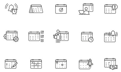 Vector set of linear icons related to calendar, appointment, planning, time management and scheduled tasks. Mono line pictograms and infographics design elements with shadows