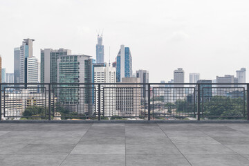 Panoramic Kuala Lumpur skyline view, concrete observatory deck on rooftop, daytime. Asian corporate and residential lifestyle. Financial city downtown, real estate. Product display mockup empty roof