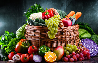 Composition with assorted organic vegetables and fruits