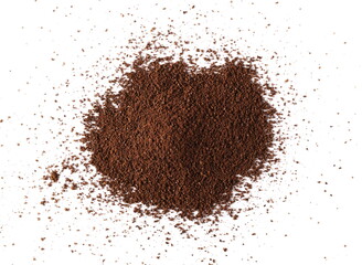 Pile of powdered, instant coffee for espresso isolated on white background, top view