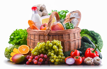 Wicker basket with assorted grocery products