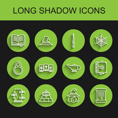 Set line Trunk for magic tricks, Masons, Ancient book, Witch, Decree, paper, parchment, scroll, Three tarot cards, and Magic lamp Aladdin icon. Vector