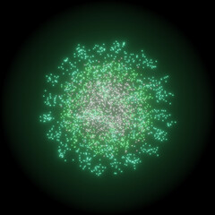 Emerald firework explosion, glowing round particles with bloom on pitch black background