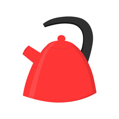 Metallic red kettle. Kitchen utensil. Doodle flat style. Isolated vector illustration 