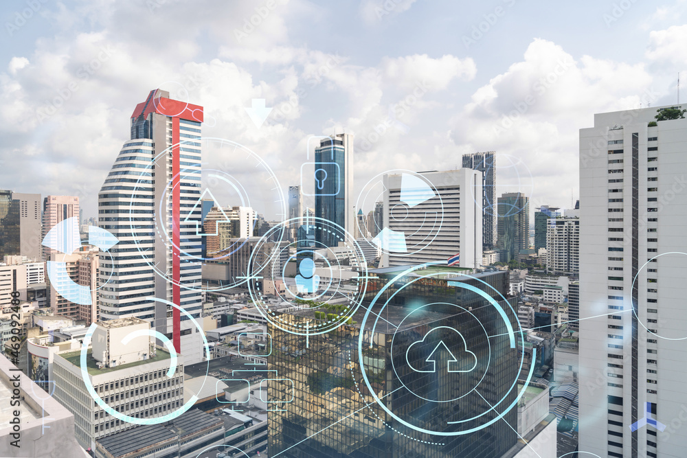 Poster technology hologram over panorama city view of bangkok. the largest tech hub in southeast asia. the 