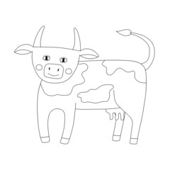 Cute cow stands on four legs. Line art domestic animal. Childish vector illustration in flat style.
