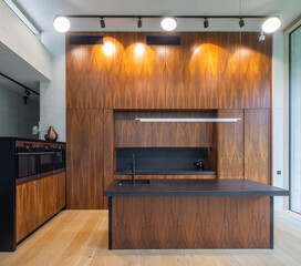 Interior of modern wooden kitchen with built-in appliances in house.