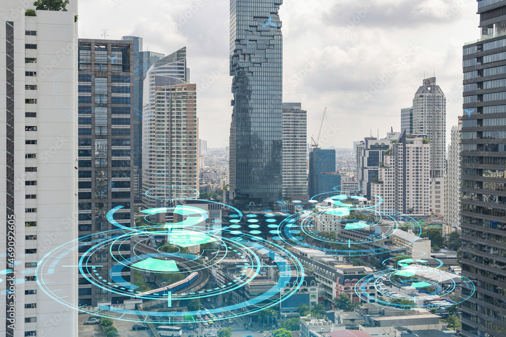 Poster technology hologram over panorama city view of bangkok. the largest tech hub in southeast asia. the 