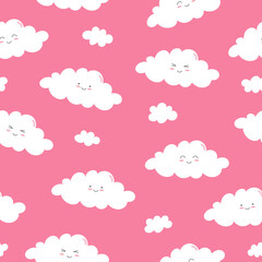 Seamless pattern of white smiling clouds on pink background. Cartoon character in flat style. Vector illustration