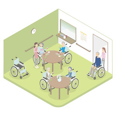 シニアの男性、女性と職員が楽しそうに過ごす施設のアイソメ