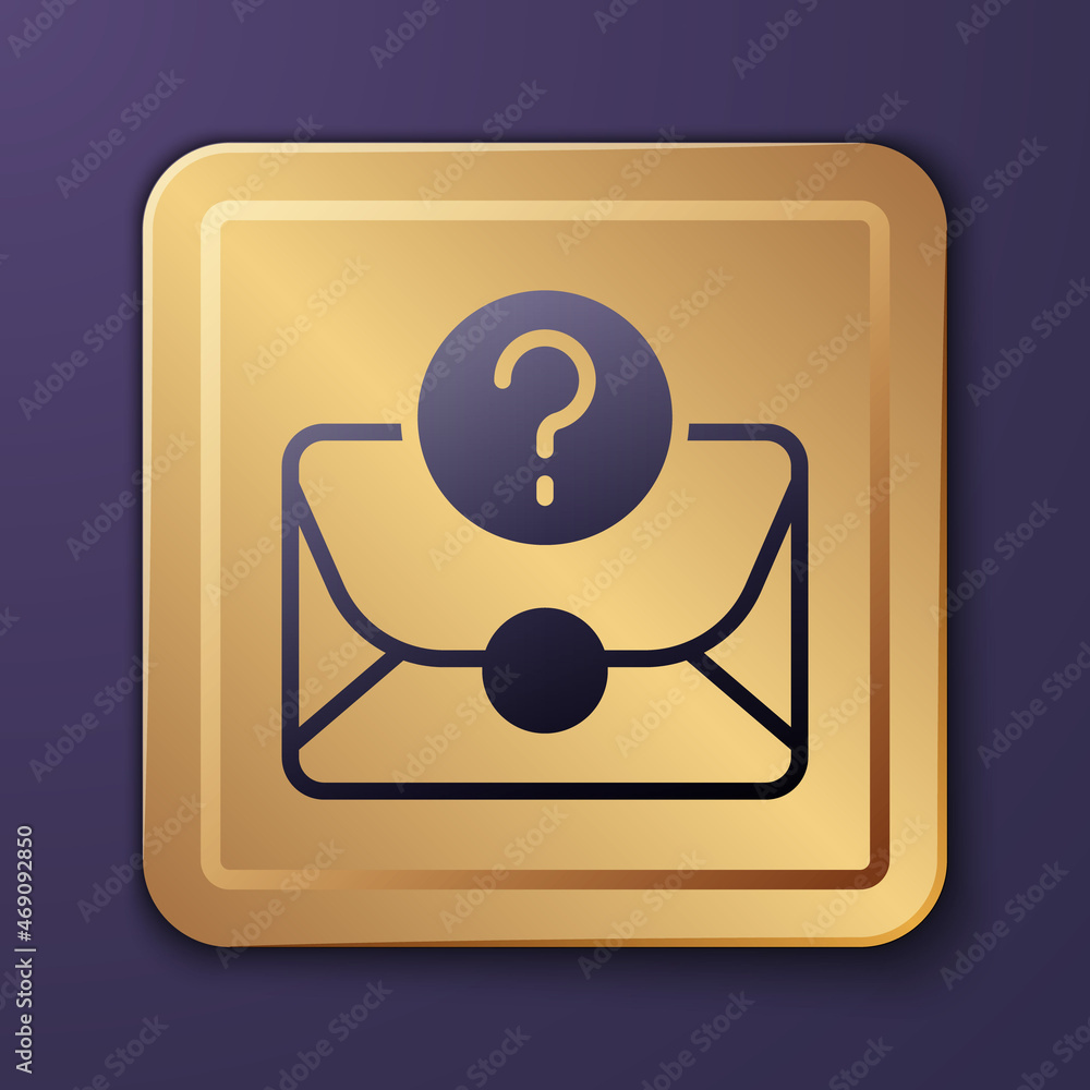 Poster purple envelope with question mark icon isolated on purple background. letter with question mark sym