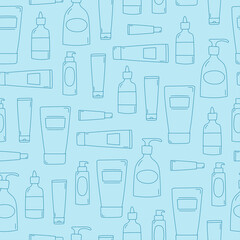 Cosmetic products seamless pattern. Line art doodle bottles and tubes on blue background. Skincare products. Vector illustration