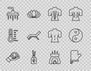 Set line Lotus flower, Sauna mittens, Massage stone therapy, Aroma diffuser, Shower head, Sunbed and umbrella, candle and Yin Yang icon. Vector