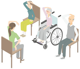 シニアの男女が座りながら施設職員とストレッチをするアイソメ