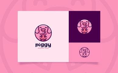 Fototapeta na wymiar Cute pig cartoon logo illustration circle