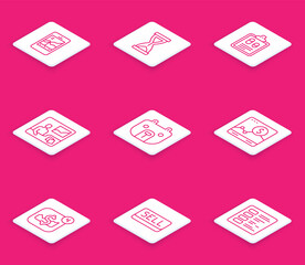 Set line Mobile stock trading, Old hourglass, Business finance report, Trading courses, Bear market, Website with growth graph, and Sell button icon. Vector