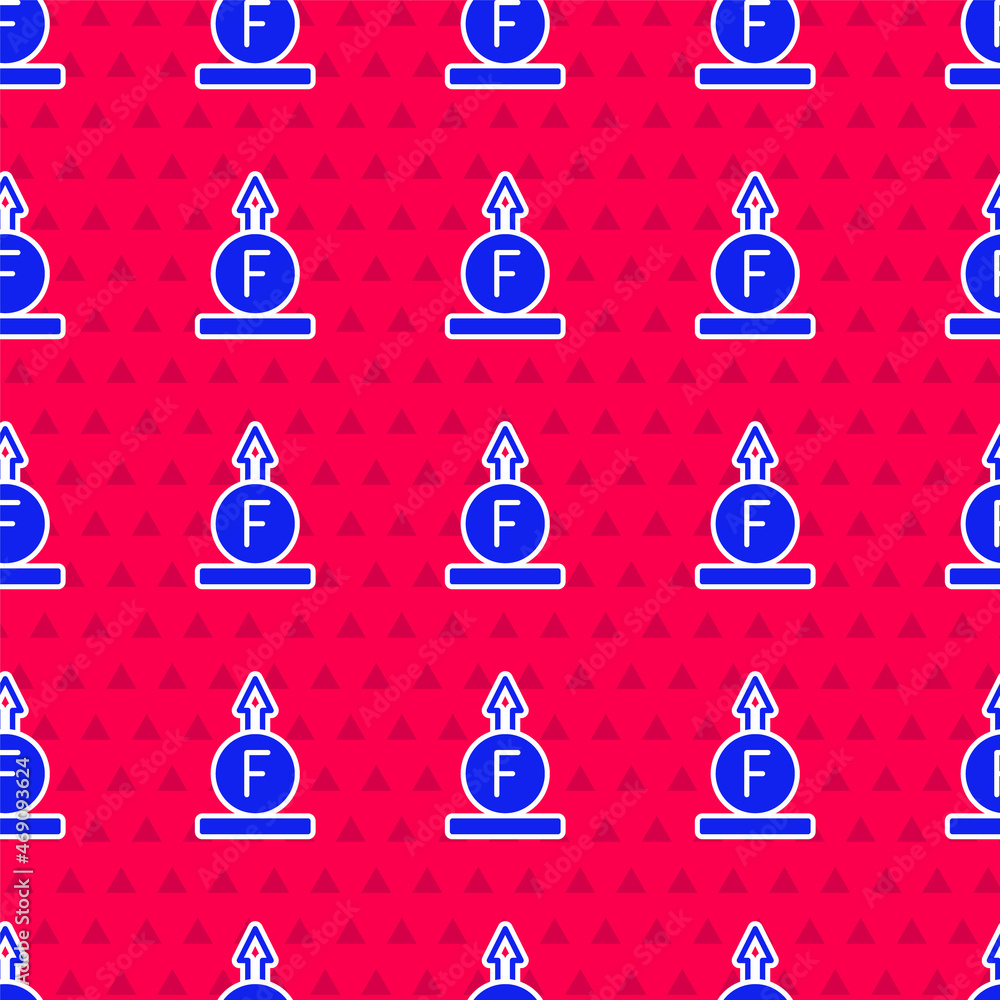 Poster blue force of physic formula calculation icon isolated seamless pattern on red background. vector