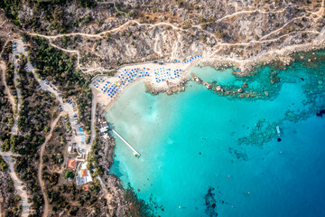 Aerial view of Konnos Bay Beach in Ayia Napa. Famagusta District, Cyprus.