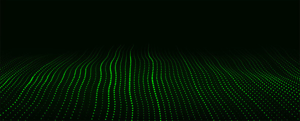 Dynamic green particle wave. Futuristic dots glowing wave. Flow digital structure. Data technology background. Vector illustration.
