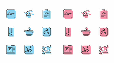 Set line Chemical online, formula, Broken flask, Gaseous, Mortar and pestle, Bacteria, Medical thermometer and Test tube icon. Vector