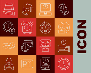 Set line Clock, Time to sleep, Always busy, Monitor time, Alarm clock, is money, Calendar and with arrow icon. Vector