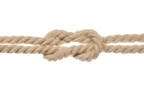 Cotton ropes with square knot on white background