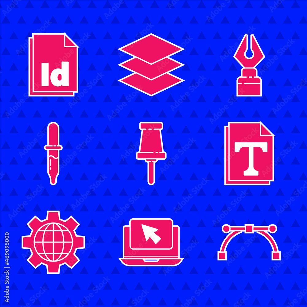 Poster set push pin, laptop and cursor, bezier curve, text file document, globe of the earth gear, pipette,