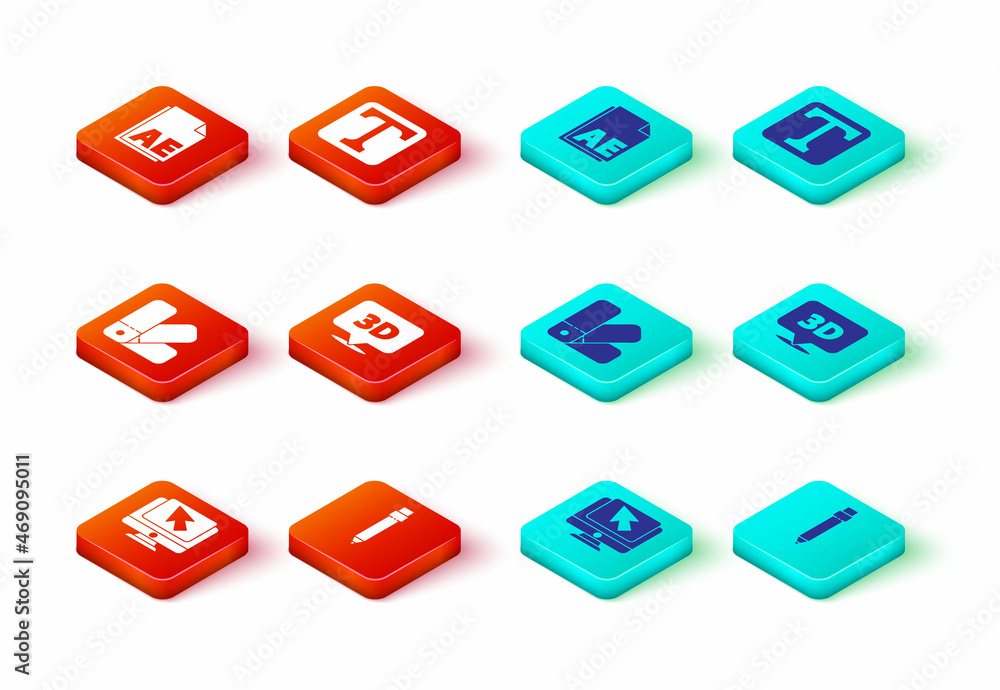 Poster set computer monitor and cursor, pencil with eraser, color palette guide, speech bubble text 3d, tex