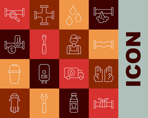 Set line Industry metallic pipe, Rubber gloves, Water drop, Screwdriver, and Plumber icon. Vector