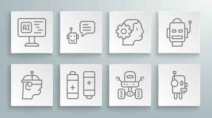 Set line Smart glasses, Bot, Battery, Mars rover, Robot, Humanoid robot, and Software icon. Vector