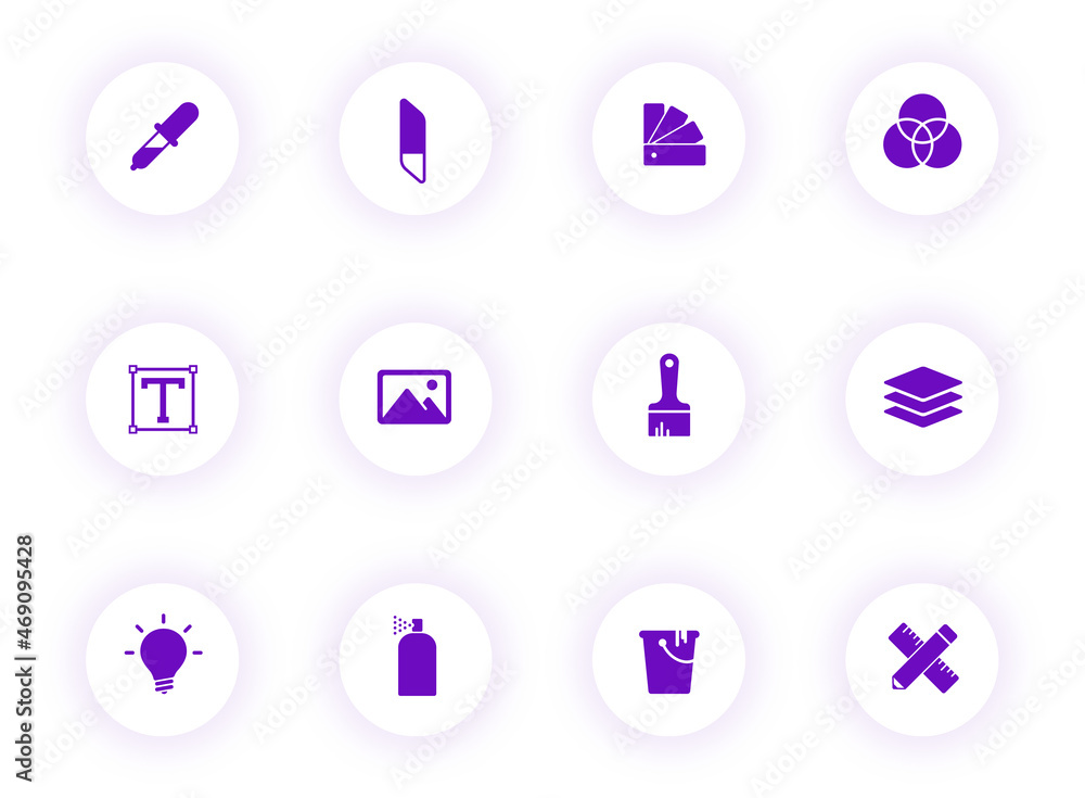 Poster art and design purple color vector icons on light round buttons with purple shadow. art and design i