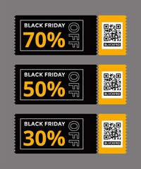 Naklejka premium Black friday gift voucher card with coupon code text and qr code template design background promotion.