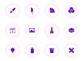 art and design purple color vector icons on light round buttons with purple shadow. art and design icon set for web, mobile apps, ui design and print