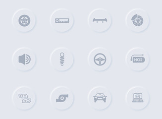 auto tuning gray vector icons on round rubber buttons. auto tuning icon set for web, mobile apps, ui design and promo business polygraphy