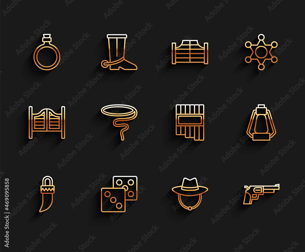 Wall mural Set line Tooth, Game dice, Canteen water bottle, Western cowboy hat, Revolver gun, Lasso, Camping lantern and Pan flute icon. Vector