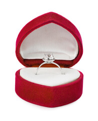Beautiful engagement ring with gemstone in box isolated on white