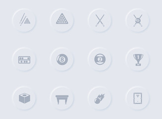 billiards gray vector icons on round rubber buttons. billiards icon set for web, mobile apps, ui design and promo business polygraphy