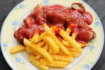 delicious sausage with french fries and curry sauce