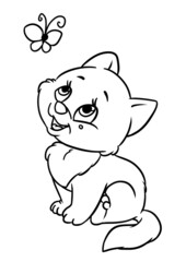 Happiness kitten looking butterfly illustration cartoon coloring