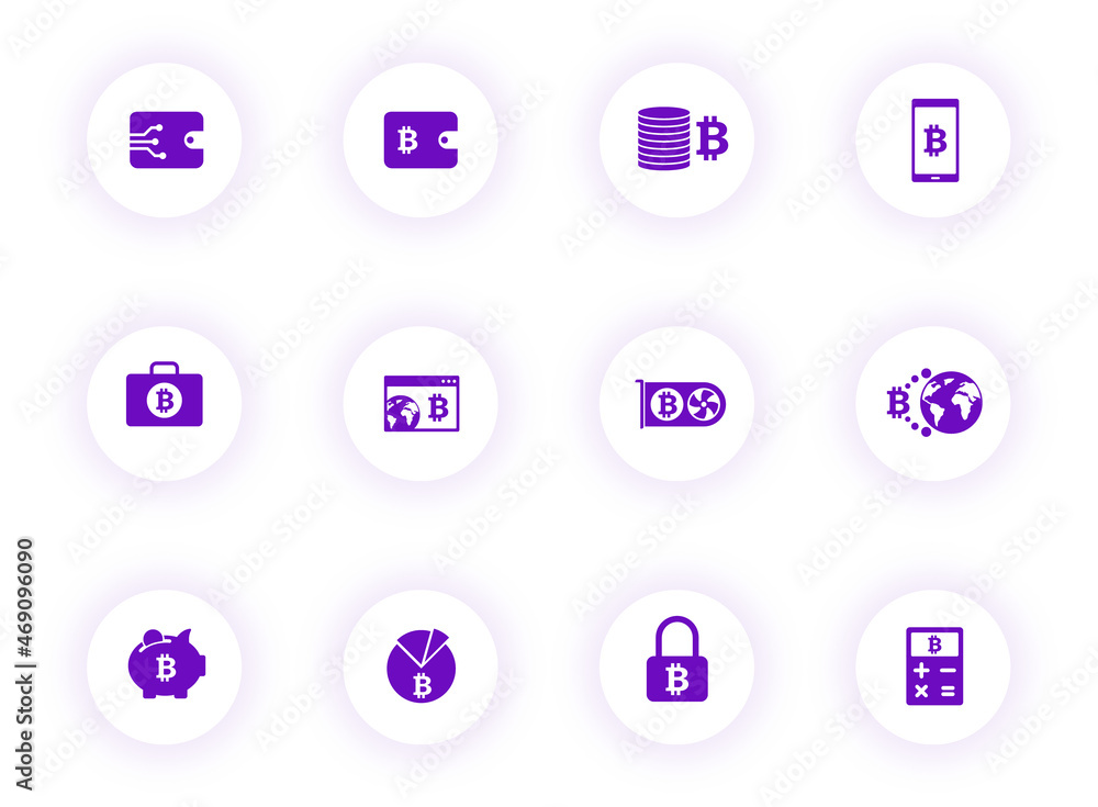 Aufkleber bitcoin purple color vector icons on light round buttons with purple shadow. bitcoin icon set for we