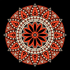 Mandala. Decorative round ornament. Isolated on black background. Arabic, Indian, ottoman motifs. For cards, invitations, t-shirts. Red and beige colors. Vector color illustration.