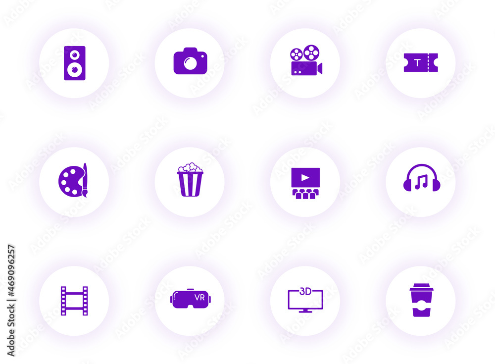 Poster entertainment purple color vector icons on light round buttons with purple shadow. entertainment ico