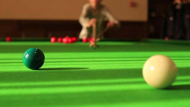 Snooker shots. Game fragment. Closu up view.
