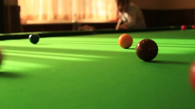 Snooker shots. Game fragment. Closu up view.
