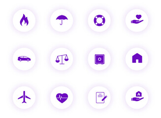 insurance purple color vector icons on light round buttons with purple shadow. insurance icon set for web, mobile apps, ui design and print