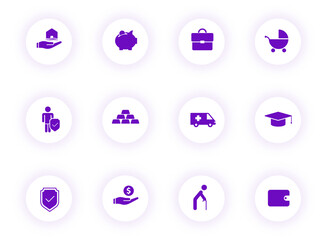 insurance purple color vector icons on light round buttons with purple shadow. insurance icon set for web, mobile apps, ui design and print